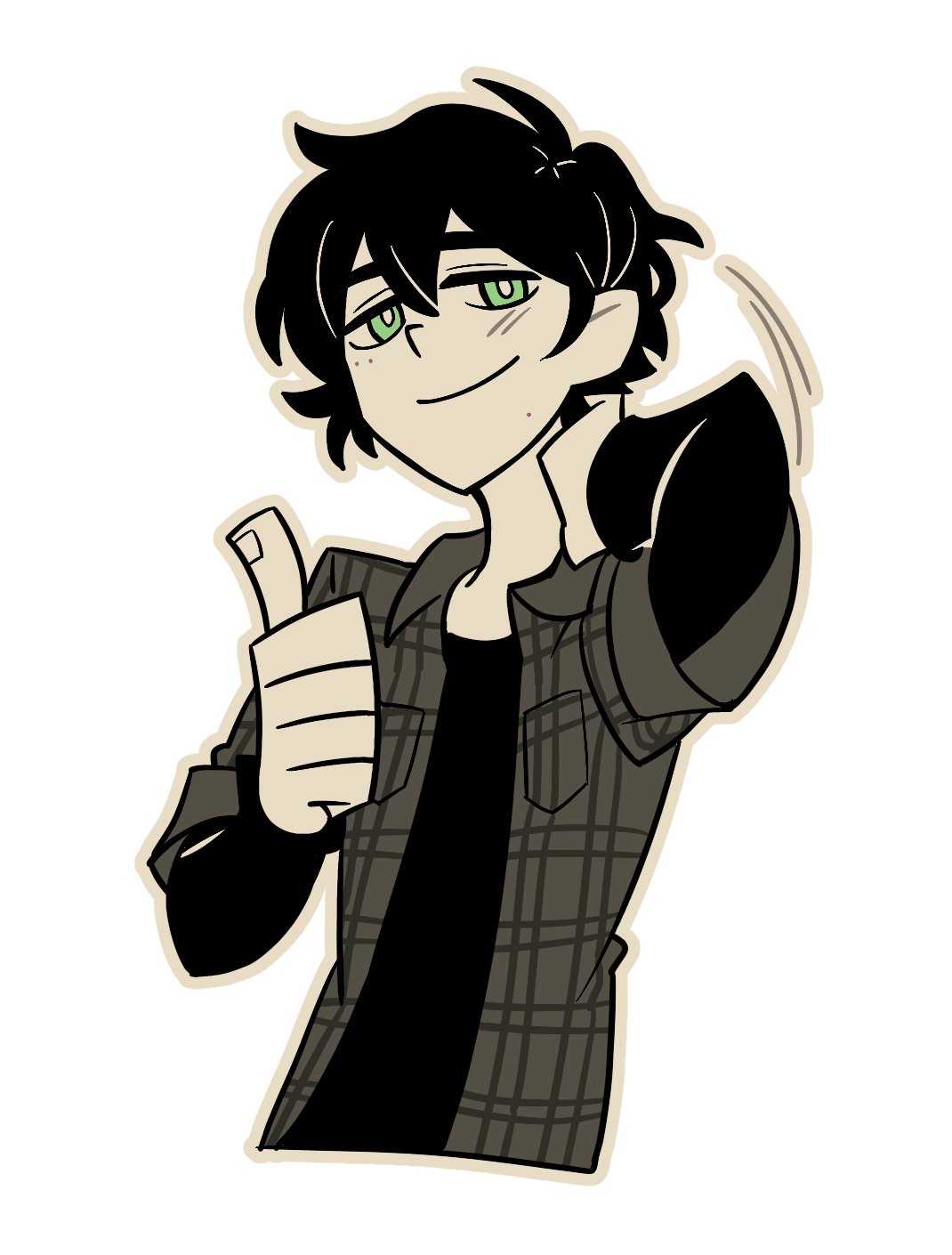 1boy, andrew_graves, basilcopperhand, black_hair, black_shirt, bright_pupils, collared_shirt, green_eyes, greyscale, highres, layered_sleeves, long_sleeves, looking_at_viewer, monochrome, open_clothes, open_shirt, plaid_clothes, plaid_shirt, shirt, short_hair, short_over_long_sleeves, short_sleeves, simple_background, solo, spot_color, the_coffin_of_andy_and_leyley, thumbs_up, upper_body, white_background, white_pupils