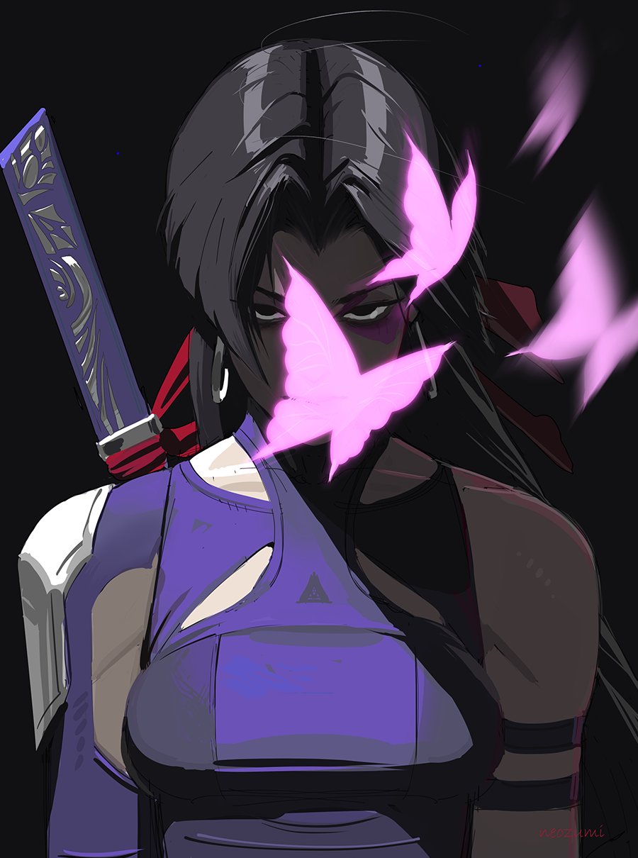 1girl, bare_shoulders, black_hair, breasts, bug, butter, butterfly, covering_face, food, gloves, highleg, highleg_leotard, highres, large_breasts, leotard, long_hair, looking_at_viewer, marvel, marvel_rivals, neozumi, pink_butterfly, psylocke, psylocke_(vengeance), solo, superhero_costume, sword, violet_eyes, weapon, x-men
