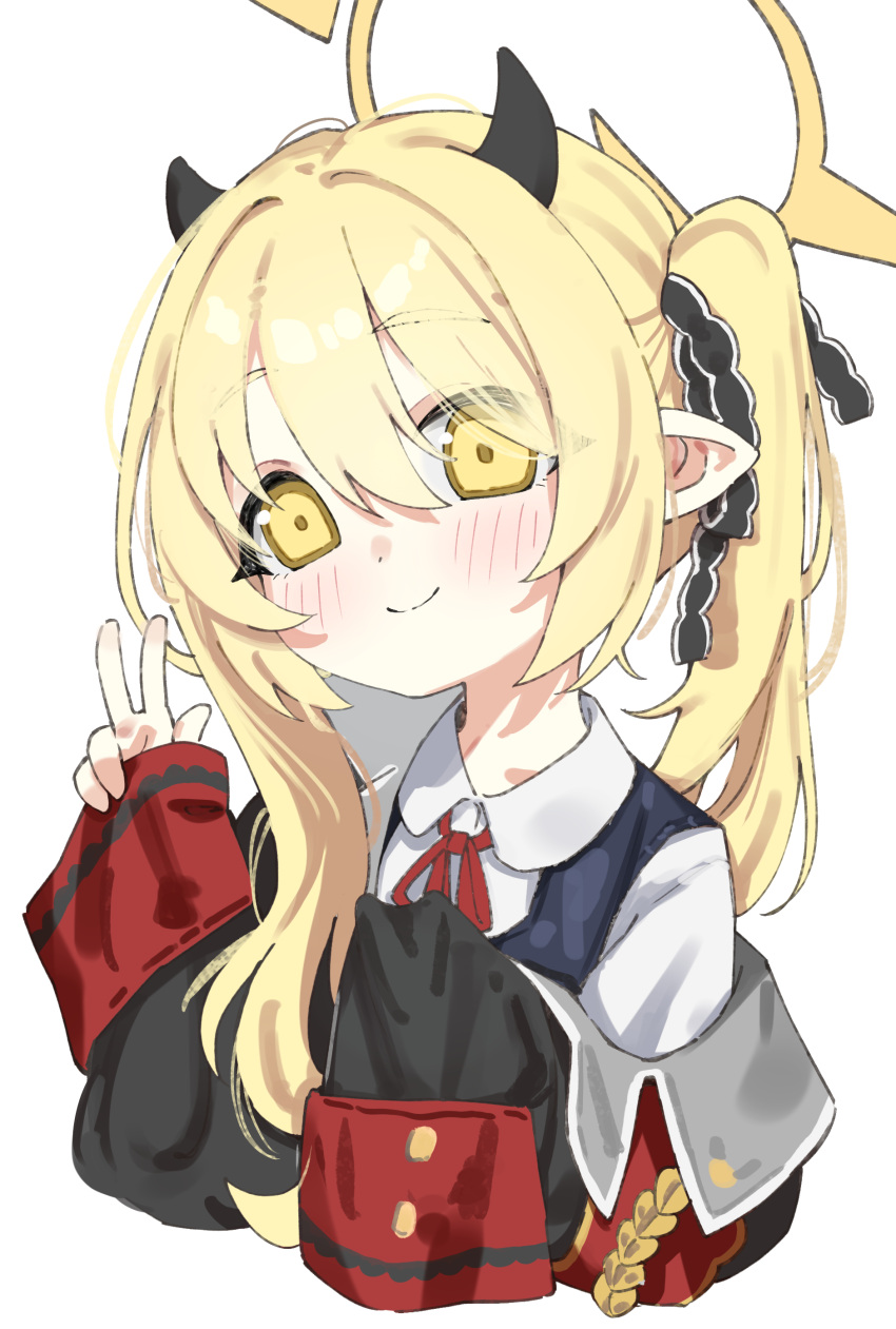 1girl, absurdres, asymmetrical_hair, black_coat, black_horns, black_ribbon, blonde_hair, blue_archive