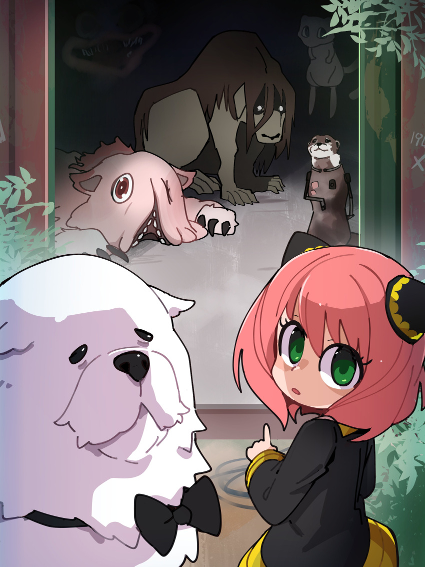 1girl, absurdres, anya_(spy_x_family), black_dress, bond_(spy_x_family), bongfill, dark_room, dog