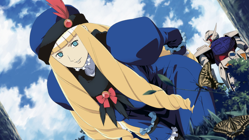 arm_behind_back, blonde_hair, blue_eyes, blue_sky, blurry, bow, brooch, butterfly