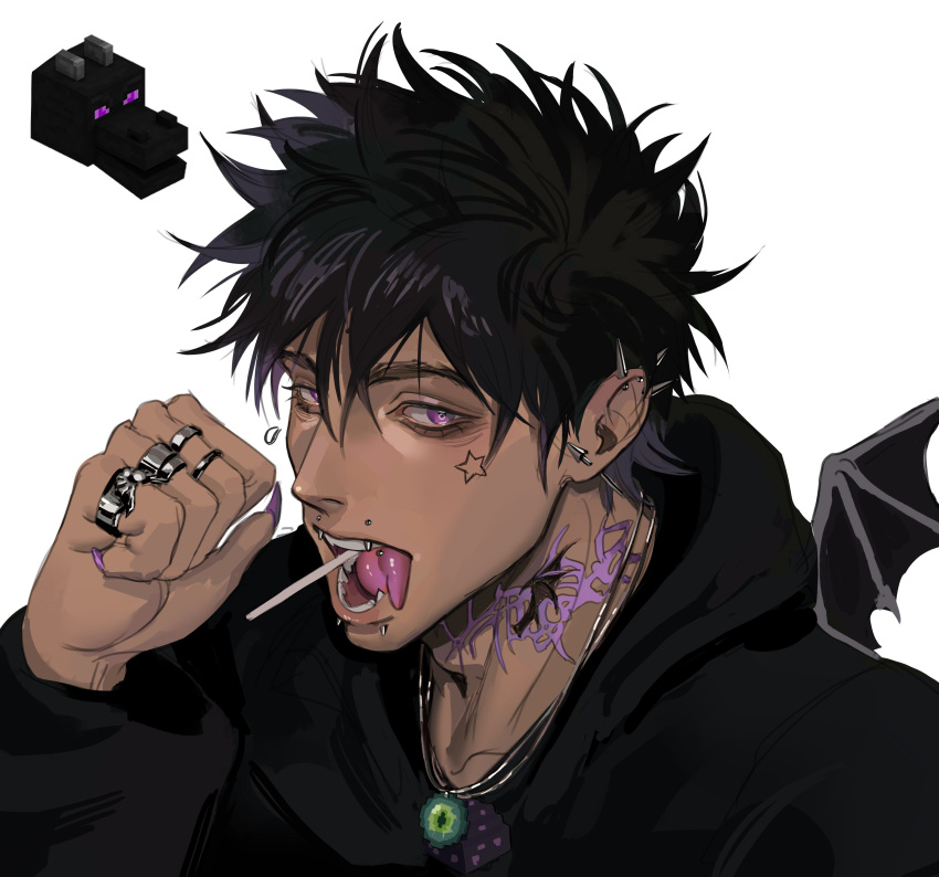 1boy, absurdres, arm_up, black_hair, black_hoodie, clenched_hand, commentary, dark-skinned_male