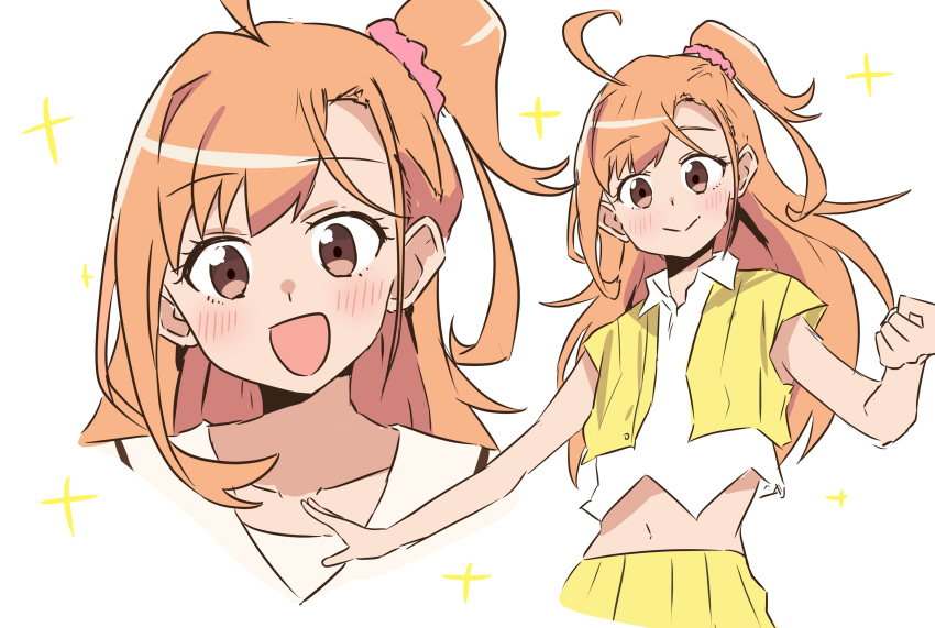 1girl, :d, absurdres, ahoge, blush, brown_eyes, closed_mouth, collarbone