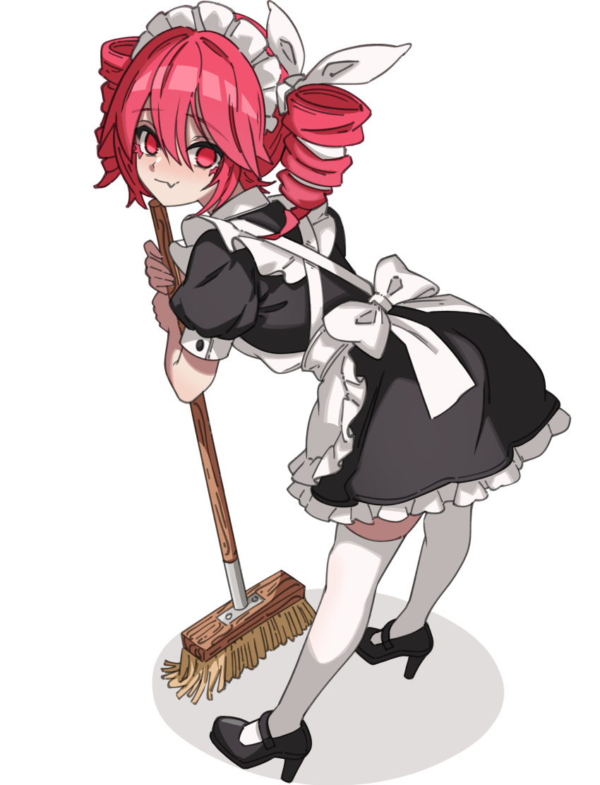 absurdres, apron, bent_over, black_dress, black_shoes, broom, dress, drill_hair