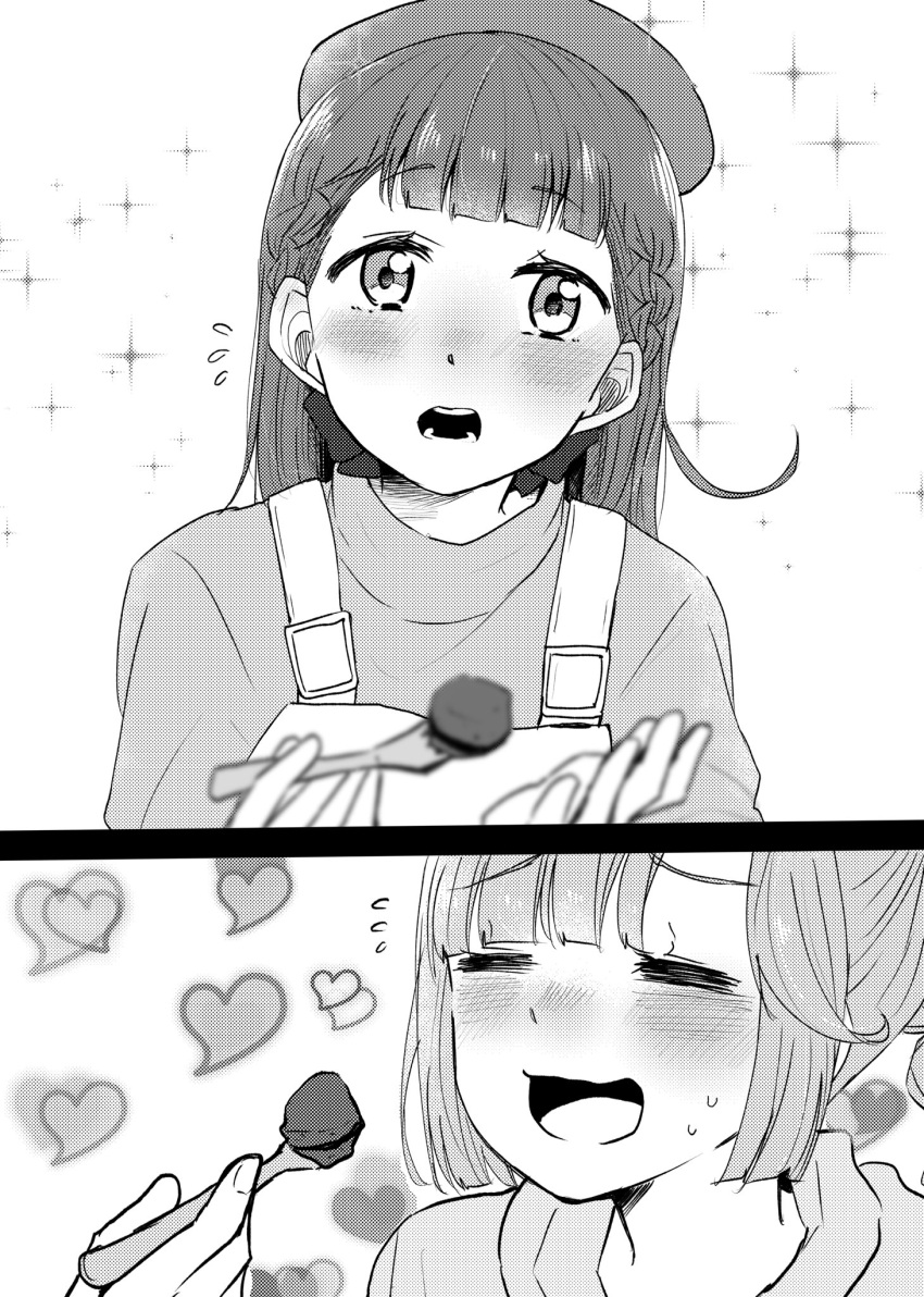 2girls, =_=, anyoji_hime, beret, blunt_sidelocks, braid, closed_eyes, commentary_request