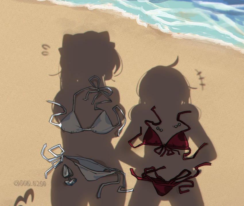 2girls, ahoge, an_sin, araga_kiwi, beach, bikini, butt_plug, day