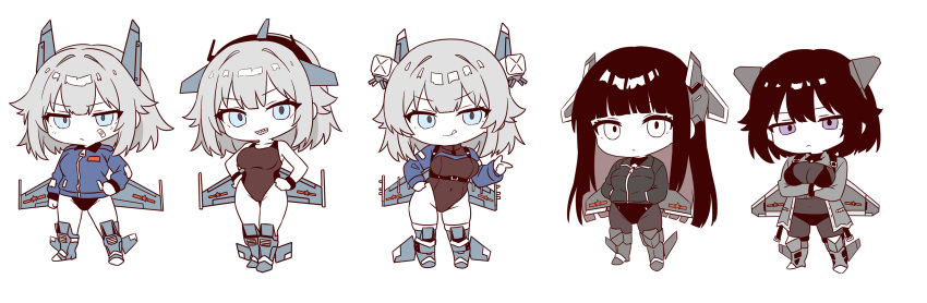 5girls, absurdres, aircraft, airplane, bandaid, black_eyes, black_hair, blue_eyes, chengdu_j-20, constricted_pupils, fighter_jet, grey_hair, highres, horns, jacket, mechanical_horns, mechanical_wings, military_vehicle, multiple_girls, one-piece_swimsuit, original, personification, shenyang_j-11, shenyang_j-15, shenyang_j-16, shenyang_j-35, simple_background, swimsuit, violet_eyes, wings, wucandan_de_gangtanke