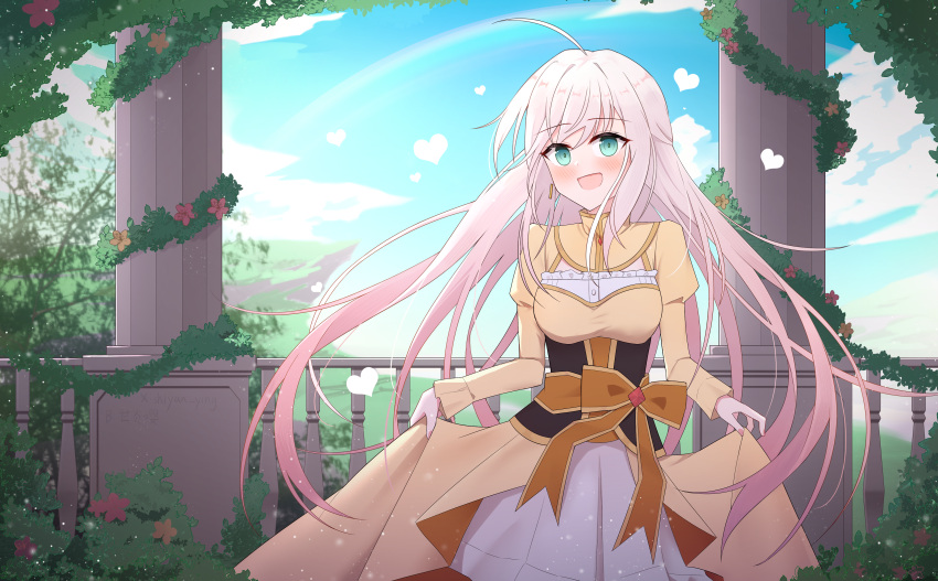 1girl, absurdres, blue_eyes, blue_sky, blush, bush, chinese_commentary, clouds