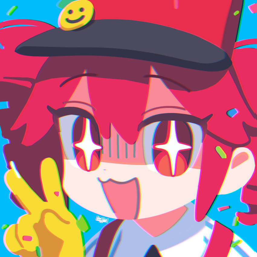 1girl, :3, :d, blue_background, chibi, confetti, drill_hair, gloom_(expression)