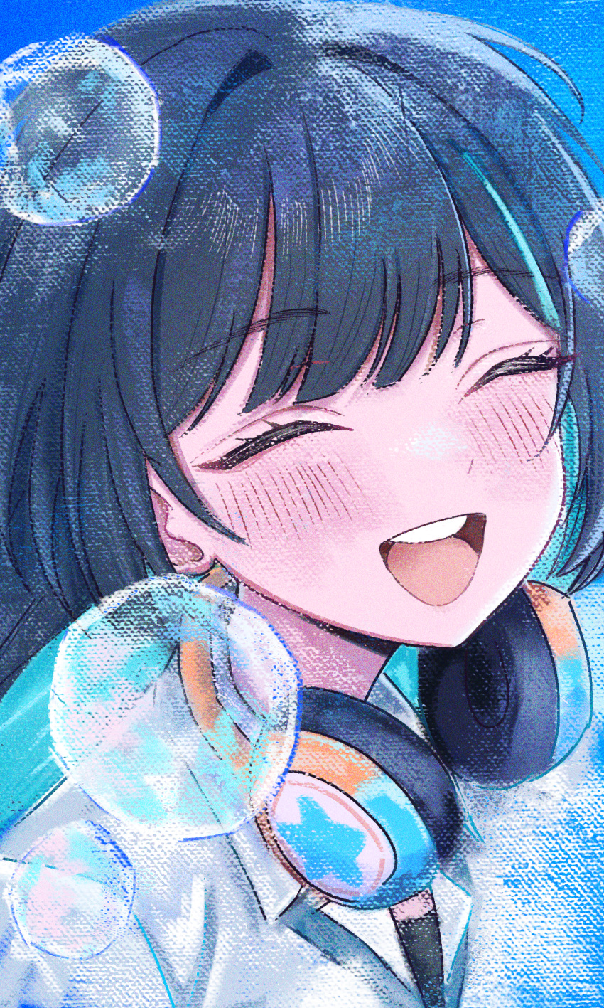 1girl, :d, ^_^, air_bubble, aqua_hair, black_hair, black_survival, blue_sky