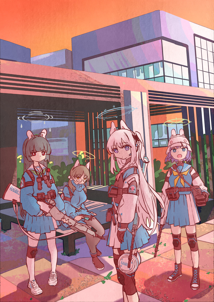 4girls, absurdres, animal_ear_hairband, animal_ears, assault_rifle, beads, black_boots, black_gloves