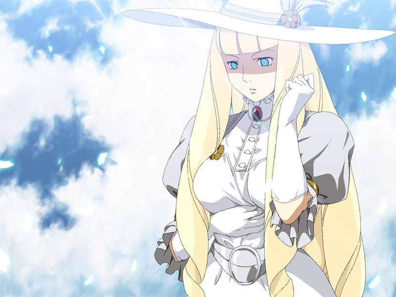 armlet, belt, blonde_hair, blue_eyes, blue_sky, brooch, cloud, clouds, dianna_soreil, dress, drill_hair, elbow_gloves, gasora, gloves, gundam, hat, jewelry, long_hair, shadow, sky, solo, sun_hat, turn_a_gundam, very_long_hair, white_gloves