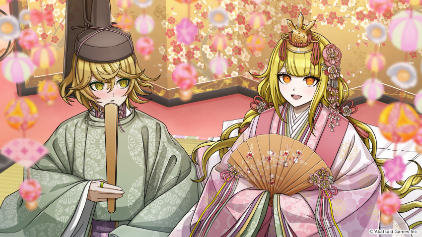 1boy, 1girl, :d, :o, absurdres, arisugawa_saori, blonde_hair, blush