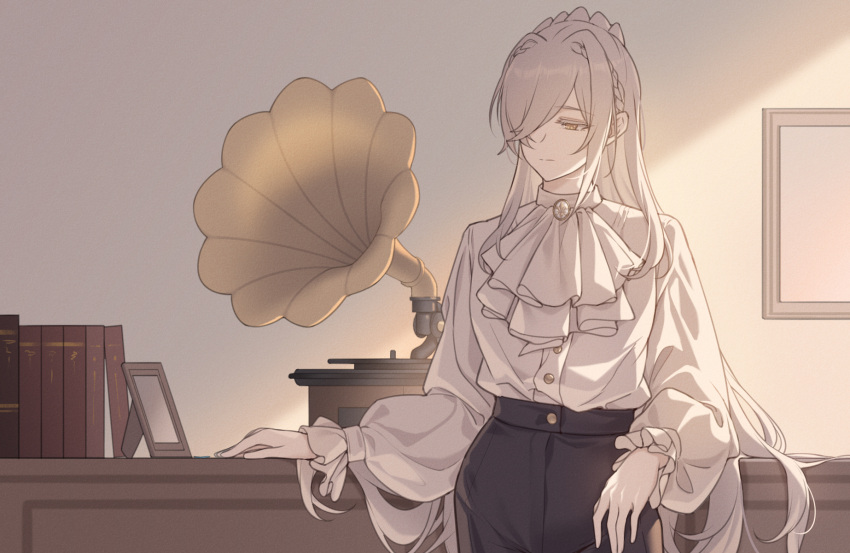 1girl, ascot, black_pants, book, braid, brooch, cartonbox_(zhixiang_zhi), closed_mouth