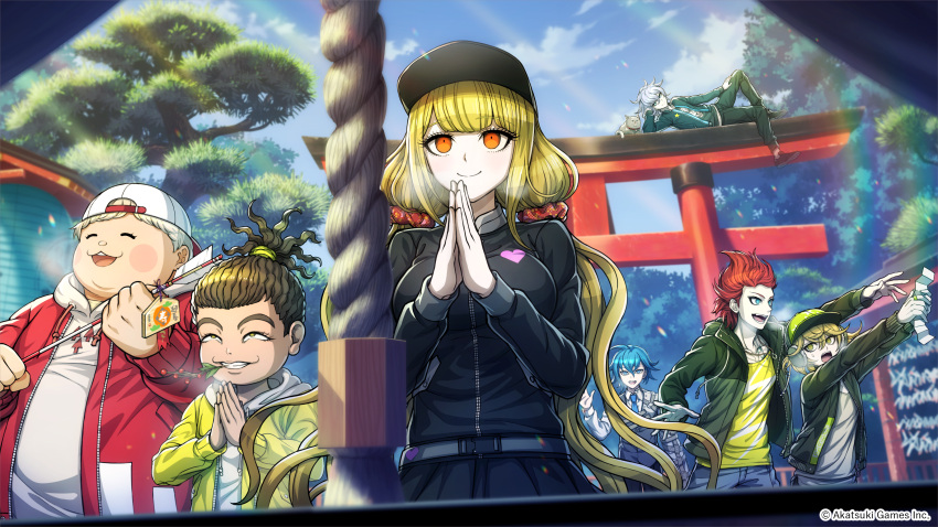 1girl, 6+boys, ^_^, absurdres, aoyama_kazuki, arisugawa_saori, baseball_cap, black_hat