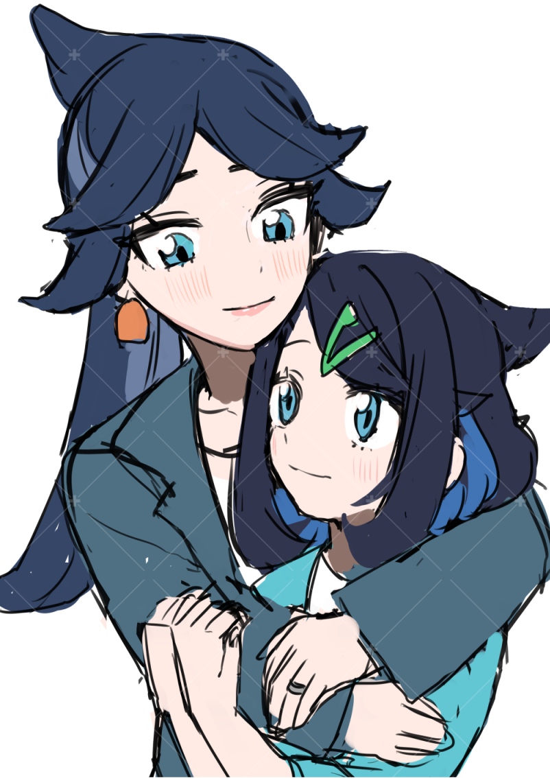 2girls, black_hair, blue_eyes, blue_hair, blush, closed_mouth, cowlick, eyelashes, hair_bun, hair_ornament, hairclip, holding, hug, jacket, karamomo_(krmmap), liko_(pokemon), long_hair, long_sleeves, lucca_(pokemon), mother_and_daughter, multicolored_hair, multiple_boys, multiple_girls, pokemon, pokemon_(anime), pokemon_horizons, ponytail, shirt, single_hair_bun, smile, upper_body, white_shirt