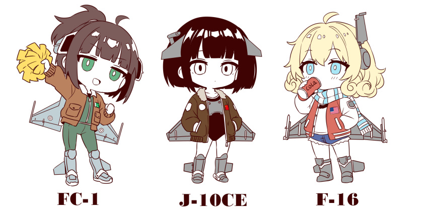 3girls, aircraft, airplane, american_flag, black_eyes, black_hair, blonde_hair, blue_eyes, bottle, brown_hair, can, chengdu_j-10, cola, curly_hair, denim, denim_shorts, drink_can, f-16_fighting_falcon, green_eyes, high_ponytail, highres, holding, holding_bottle, horns, jacket, jf-17_thunder, mechanical_horns, mechanical_wings, multiple_girls, open_clothes, open_jacket, original, pakistan_air_force, pakistani_flag, people's_republic_of_china_flag, personification, pom_pom_(cheerleading), ponytail, scarf, shorts, striped_clothes, striped_scarf, wings, wucandan_de_gangtanke