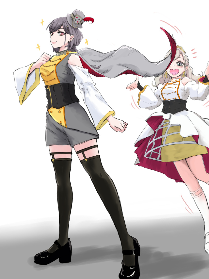 2girls, :d, absurdres, bare_shoulders, black_shoes, black_thighhighs, blue_eyes, blush