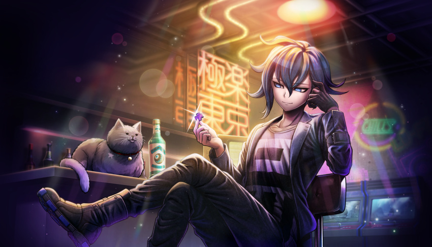 1boy, aoyama_kazuki, arcade_cabinet, black_boots, black_gloves, black_jacket, black_pants, black_shirt