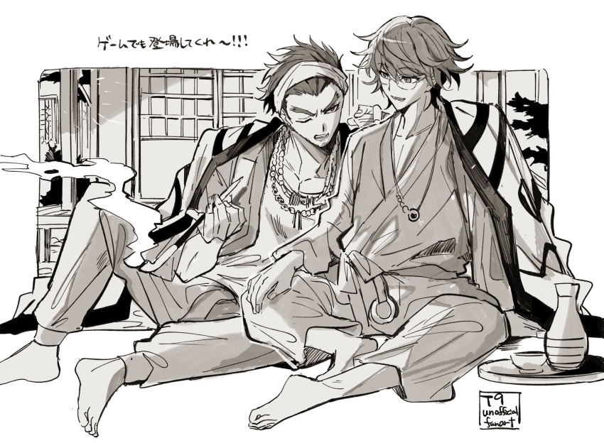 2boys, :d, bead_necklace, beads, glasses, greyscale, highres, holding