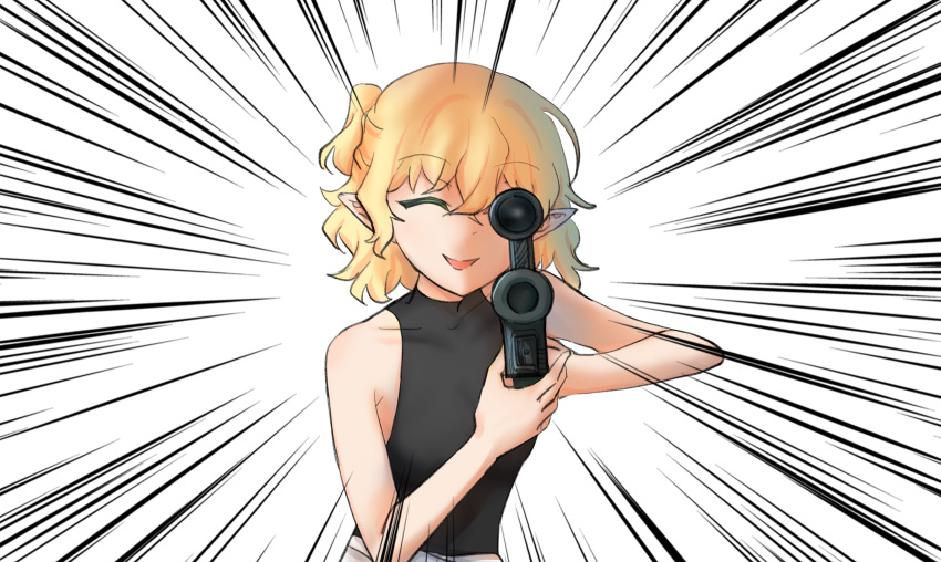 1girl, absurdres, aiming, aiming_at_viewer, black_shirt, blonde_hair, breasts, closed_eyes