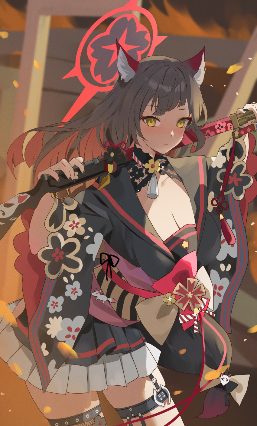 1girl, absurdres, animal_ear_fluff, animal_ears, black_hair, black_kimono, black_sailor_collar, blue_archive, blush, bow, closed_mouth, colored_inner_hair, commentary, fishnet_thighhighs, fishnets, floral_print, floral_print_kimono, fox_ears, fox_girl, fox_tail, grey_bow, gun, highres, holding, holding_gun, holding_weapon, japanese_clothes, kimono, long_hair, looking_at_viewer, multicolored_hair, print_kimono, rifle, sailor_collar, single_thighhigh, skirt, smile, solo, tail, tail_bow, tail_ornament, thigh-highs, thigh_strap, two-tone_hair, udonpan, wakamo_(blue_archive), weapon, white_skirt, wide_sleeves, yellow_eyes