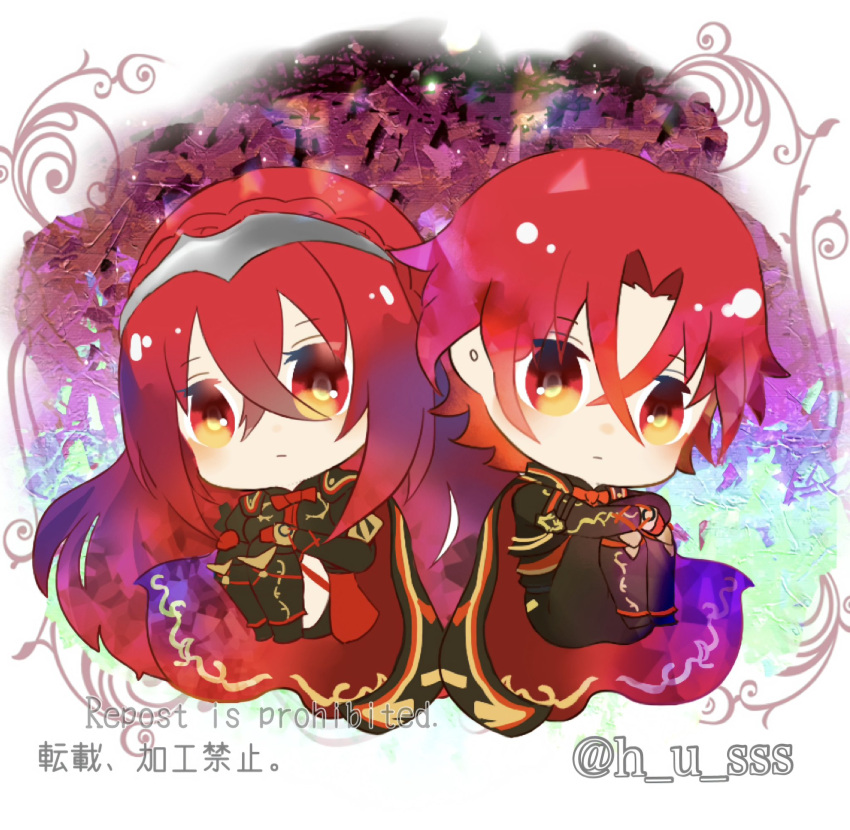 1boy, 1girl, black_cape, cape, closed_mouth, crossed_bangs, dark_persona, female_alear_(fell_dragon)_(fire_emblem), female_alear_(fire_emblem), female_alear_(red_days_past)_(fire_emblem), fire_emblem, fire_emblem_engage, fire_emblem_heroes, h_u_sss, hair_between_eyes, highres, looking_at_viewer, male_alear_(fell_dragon)_(fire_emblem), male_alear_(fell_dragon_child)_(fire_emblem), male_alear_(fire_emblem), official_alternate_color, official_alternate_costume, official_alternate_eye_color, red_eyes, red_hair