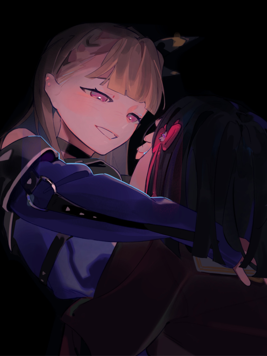 2girls, ampere_(love_live!), bare_shoulders, black_background, black_choker, black_hair, blue_coat, blunt_bangs