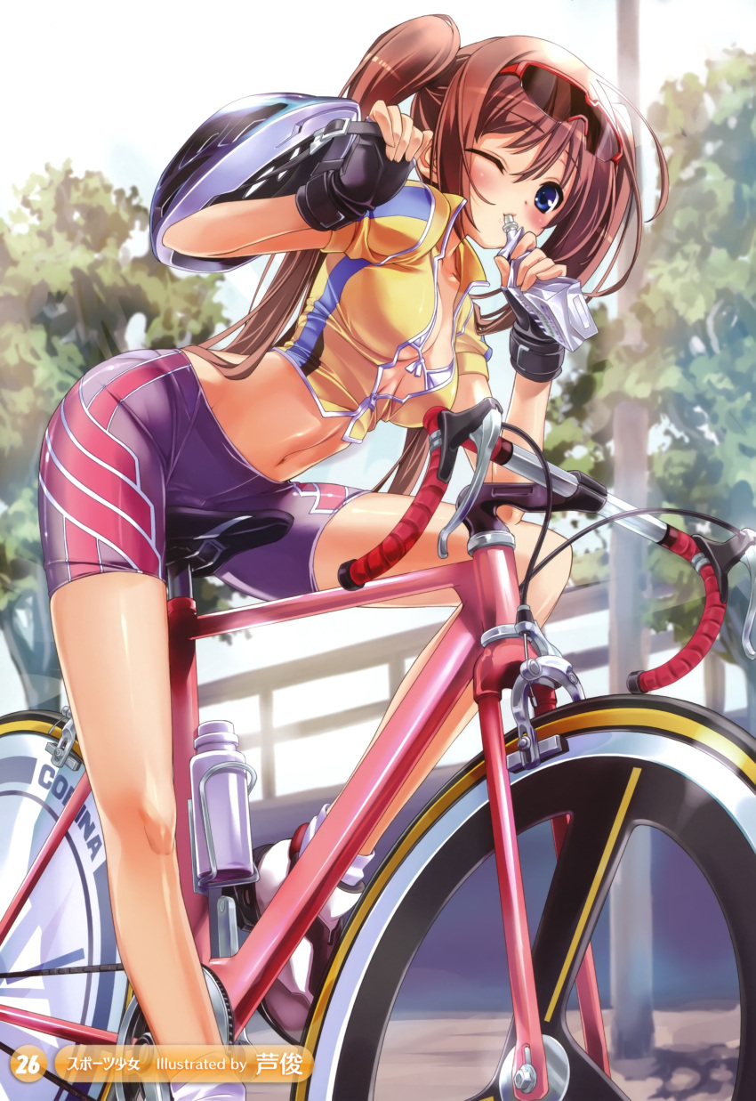 abs, absurdres, arched_back, ashishun, bicycle, bike_shorts, bikini_top, blue_eyes