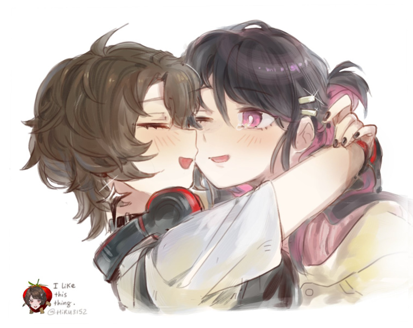 2girls, arms_around_neck, black_hair, black_nails, blush, brown_hair, cheek-to-cheek, closed_eyes