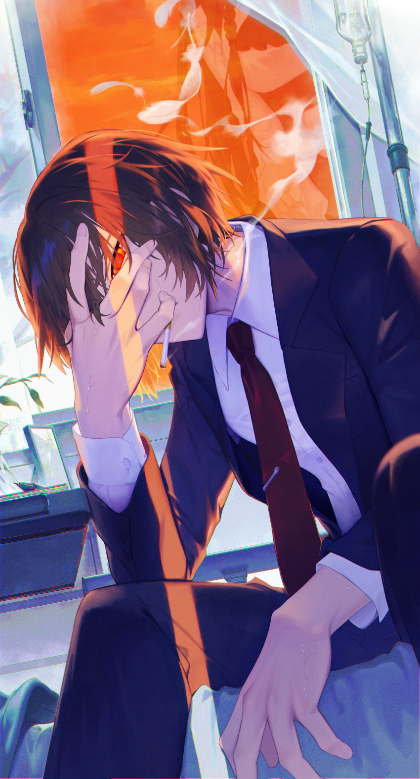 1boy, 1girl, absurdres, brown_hair, cigarette, dusk, feathers, hand_on_own_face