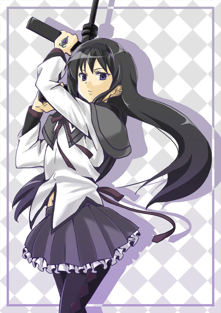 akemi_homura, gun, headband, ikuwataru_nagomi, m3_greasegun, m3_submachine_gun, mahou_shoujo_madoka_magica, pantyhose