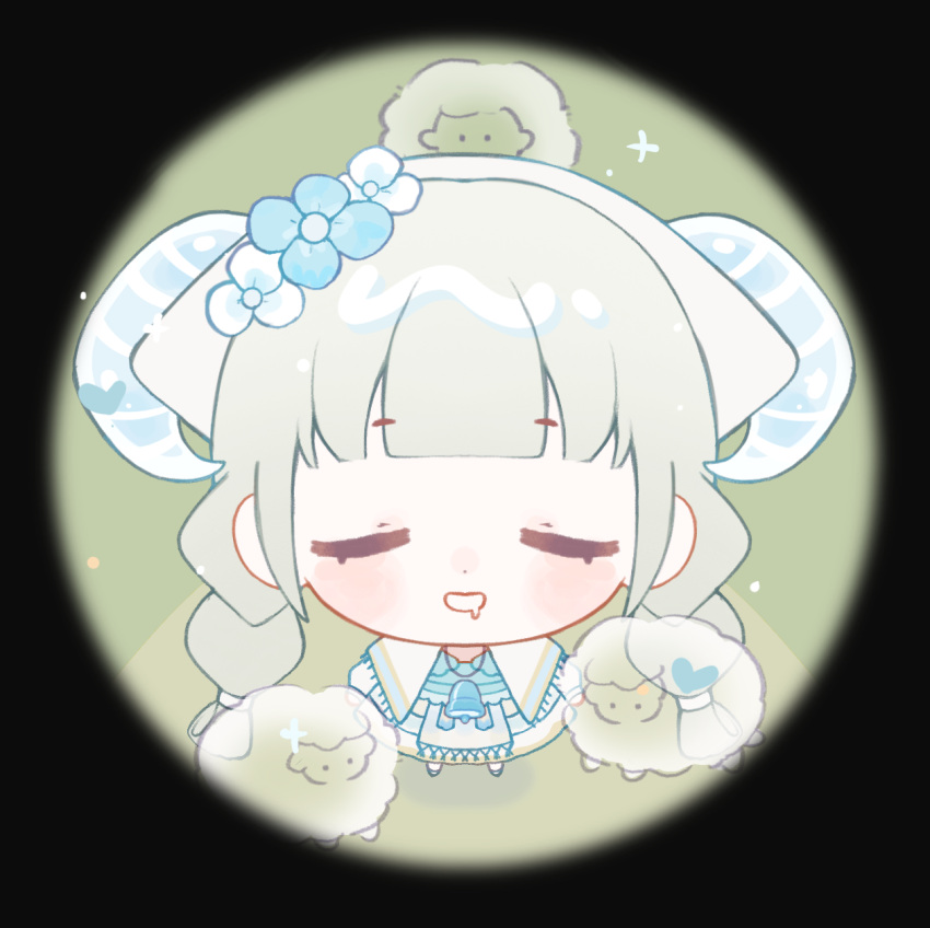 1girl, apron, baonu_de_zhanshen_caibutou, bell, black_border, blue_horns, blue_nails, blue_shirt