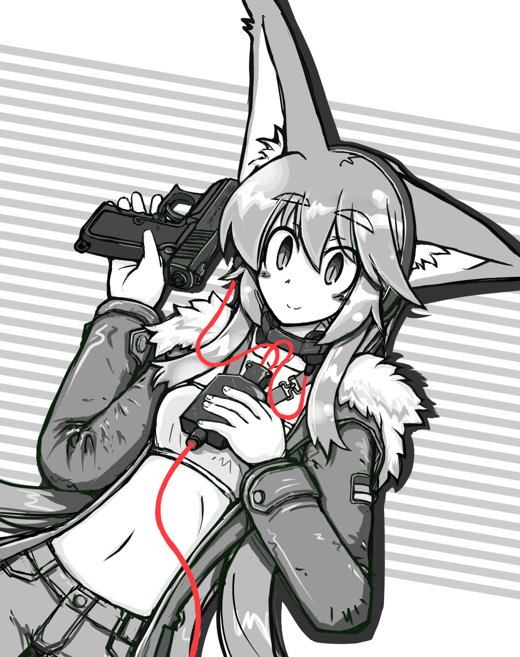 blush_stickers, copyright_request, gun, headphones, highres, jacket, meijou_inurou, microphone, midriff, military, military_uniform, p7, pk510, smile, solo, uniform, weapon