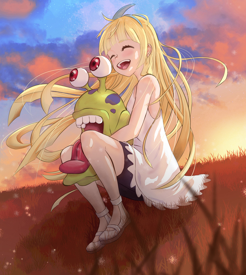 1girl, black_shorts, blonde_hair, closed_eyes, clouds, cloudy_sky, digimon, digimon_(creature)