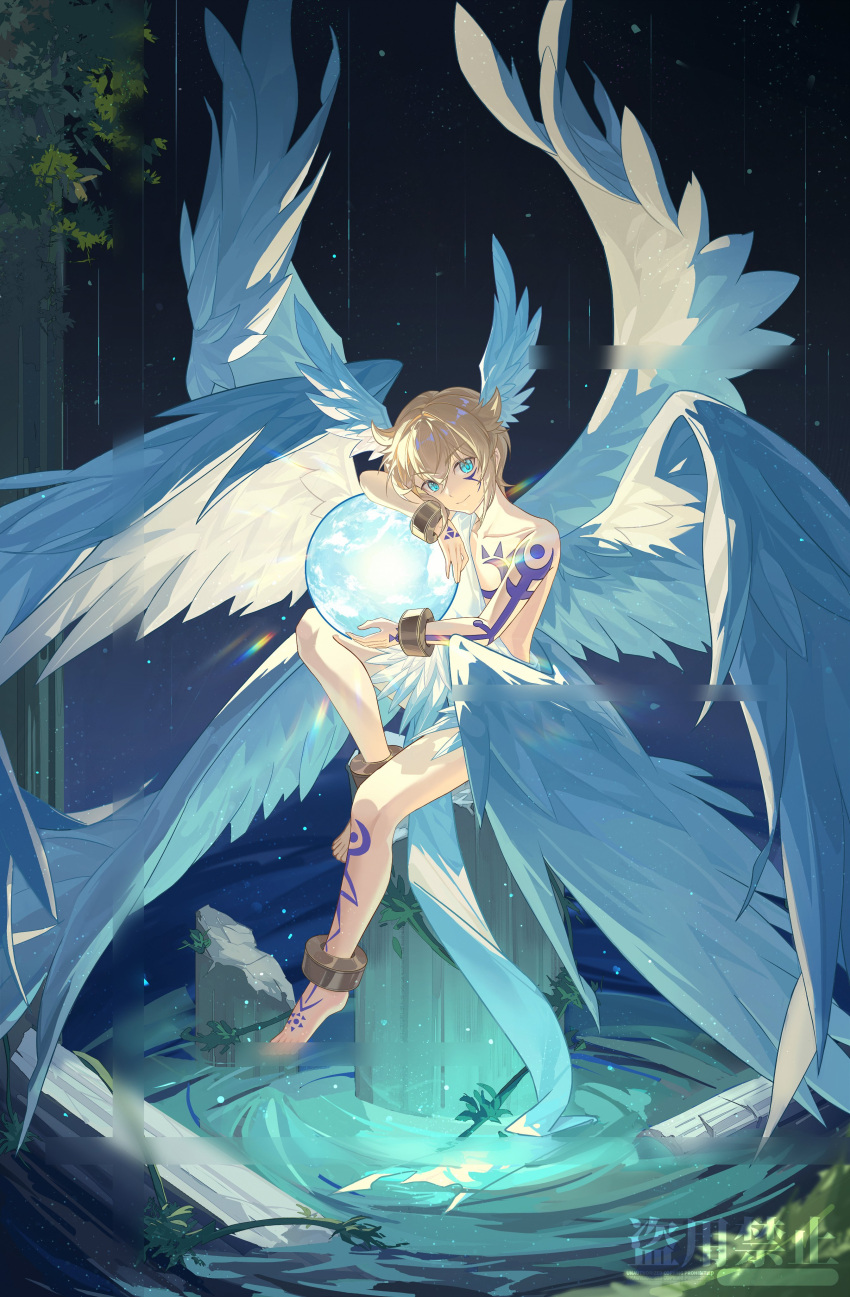 1boy, absurdres, angel_boy, angel_wings, arm_tattoo, blonde_hair, blue_eyes, bodypaint, cuffs, digimon, digimon_(creature), highres, leg_tattoo, looking_at_viewer, lucemon, male_focus, orb, pillar, plant, solo, tattoo, toga, translation_request, w_(wwukuai), water, watermark, wings