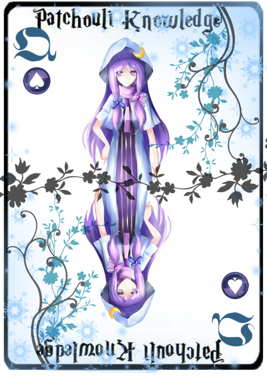 bad_id, blush, card, card_(medium), crescent, dual_persona, highres, koumajo_densetsu, koumajou_densetsu, koumajou_densetsu_1, long_hair, multiple_persona, muqmuq, patchouli_knowledge, playing_card, purple_eyes, purple_hair, touhou, violet_eyes