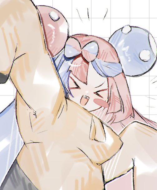 >_<, 1girl, :d, arm_up, blue_hair, bow-shaped_hair, c0smi5, character_hair_ornament