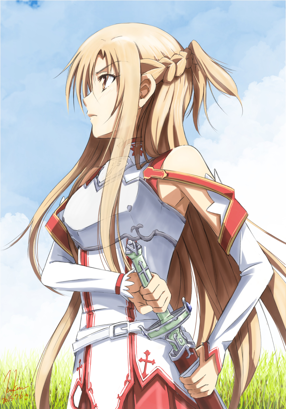 1girl, armor, asuna_(sao), braid, breastplate, brown_eyes, brown_hair, commentary_request, grass, highres, holding, holding_sheath, holding_sword, holding_weapon, kem_kem, lambent_light, long_hair, partial_commentary, revision, sheath, sheathed, solo, sword, sword_art_online, upper_body, very_long_hair, weapon, white_armor