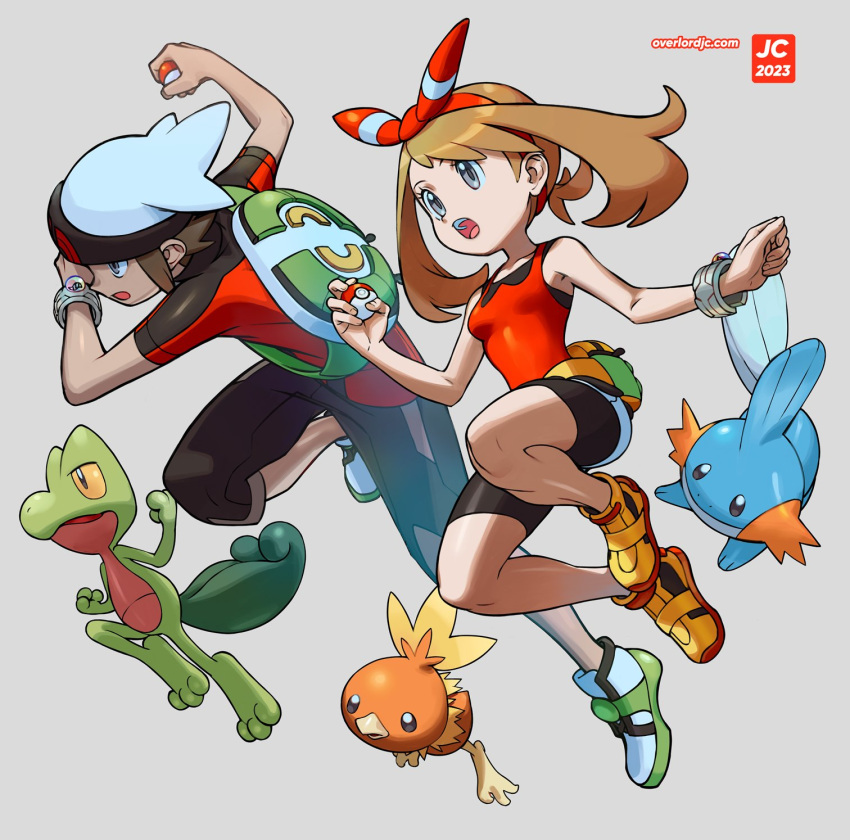 1boy, 1girl, :o, backpack, bag, bare_shoulders, bike_shorts, black_shorts