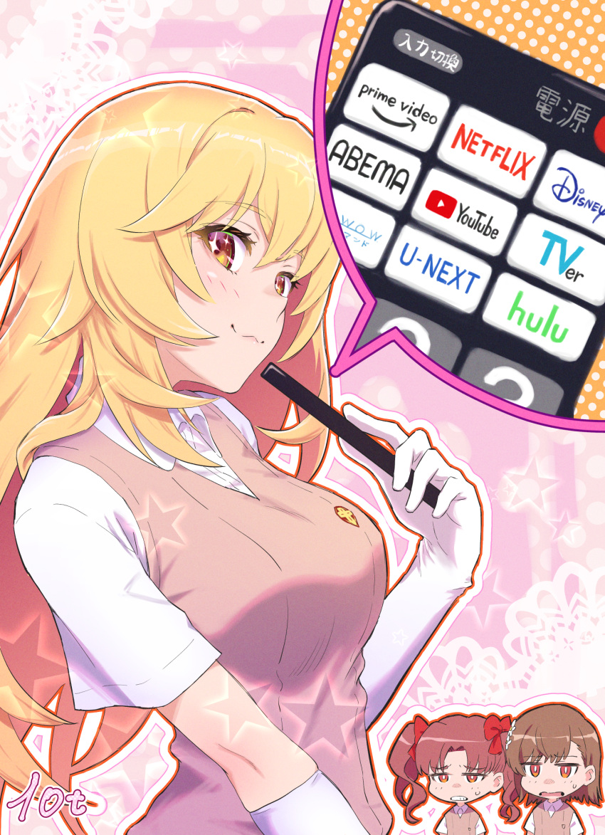 10ttruck, 3girls, :3, abematv, amazon_(company), artist_name, blonde_hair, bow