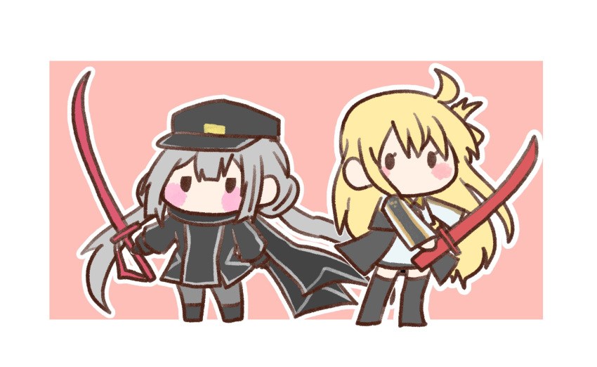 2girls, ahoge, blonde_hair, blush, border, c_39hope, chibi, dress