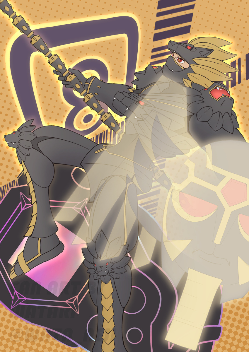 1boy, absurdres, armor, black_armor, brown_background, d-scanner, digimon, digimon_(creature)