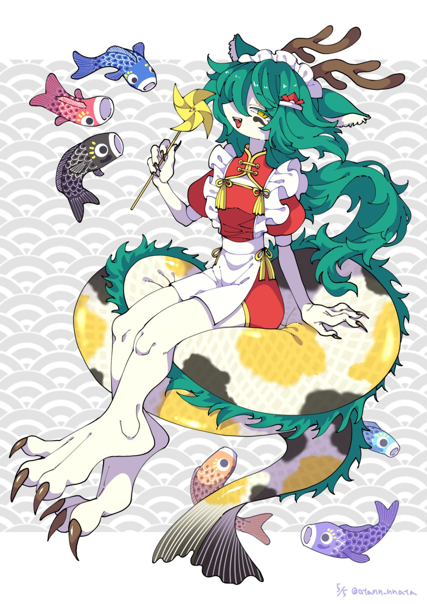 1girl, apron, aqua_hair, atann_nnata, china_dress, chinese_clothes, claws, commentary
