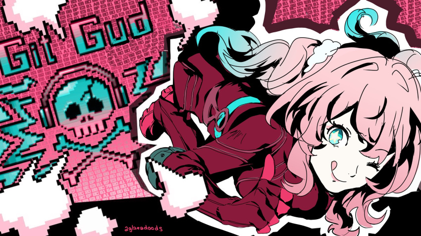 1girl, ;q, aqua_eyes, aqua_hair, bodysuit, commentary, english_commentary, highres
