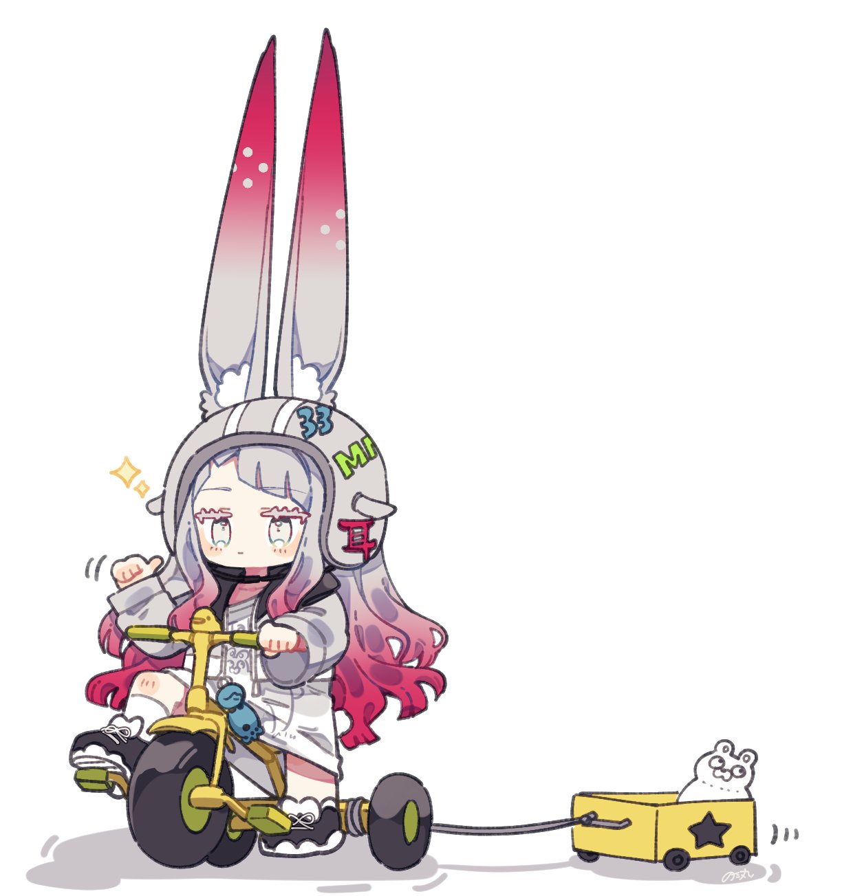 1girl, animal_ear_fluff, animal_ears, black_shoes, blunt_bangs, blush, closed_mouth, commentary_request, fox_ears, full_body, gradient_hair, grey_eyes, grey_hair, grey_helmet, grey_shirt, helmet, highres, large_ears, long_hair, long_sleeves, miminoko_(vrchat), multicolored_hair, notamaru_2, red_hair, riding, shirt, shoes, simple_background, sitting, socks, solo, sparkle, toy_box, tricycle, two-tone_hair, vrchat, white_background, white_socks