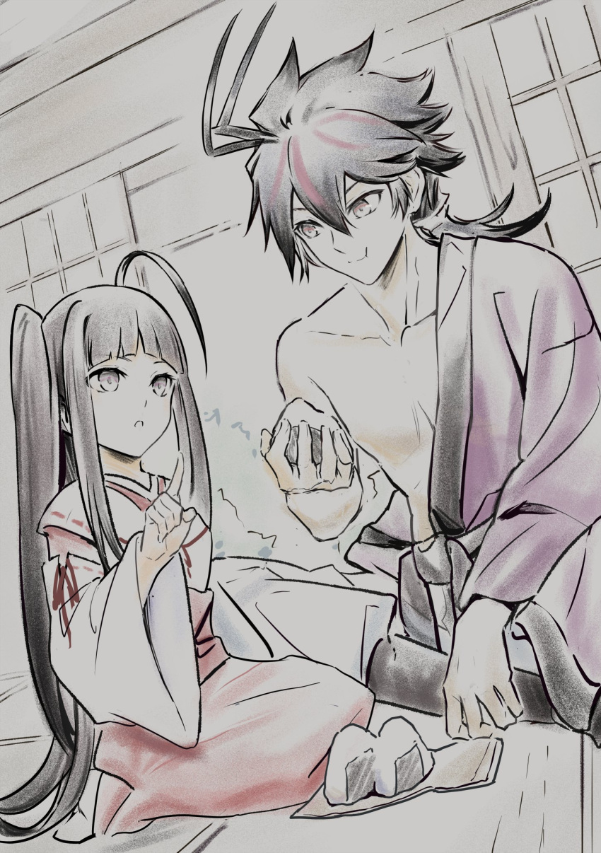 1boy, 1girl, black_eyes, black_hair, eating, food, highres, holding