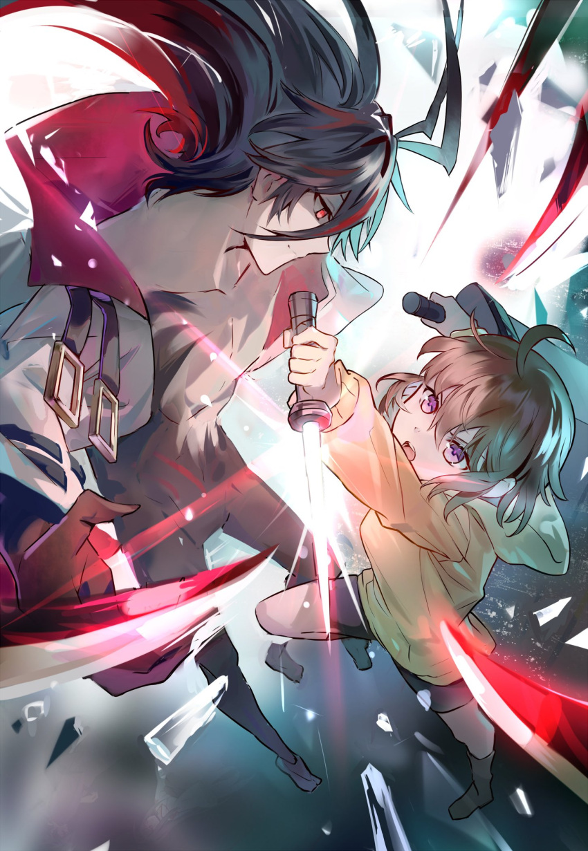 1boy, 1girl, ahoge, battle, black_eyes, black_hair, black_shorts, brown_hair