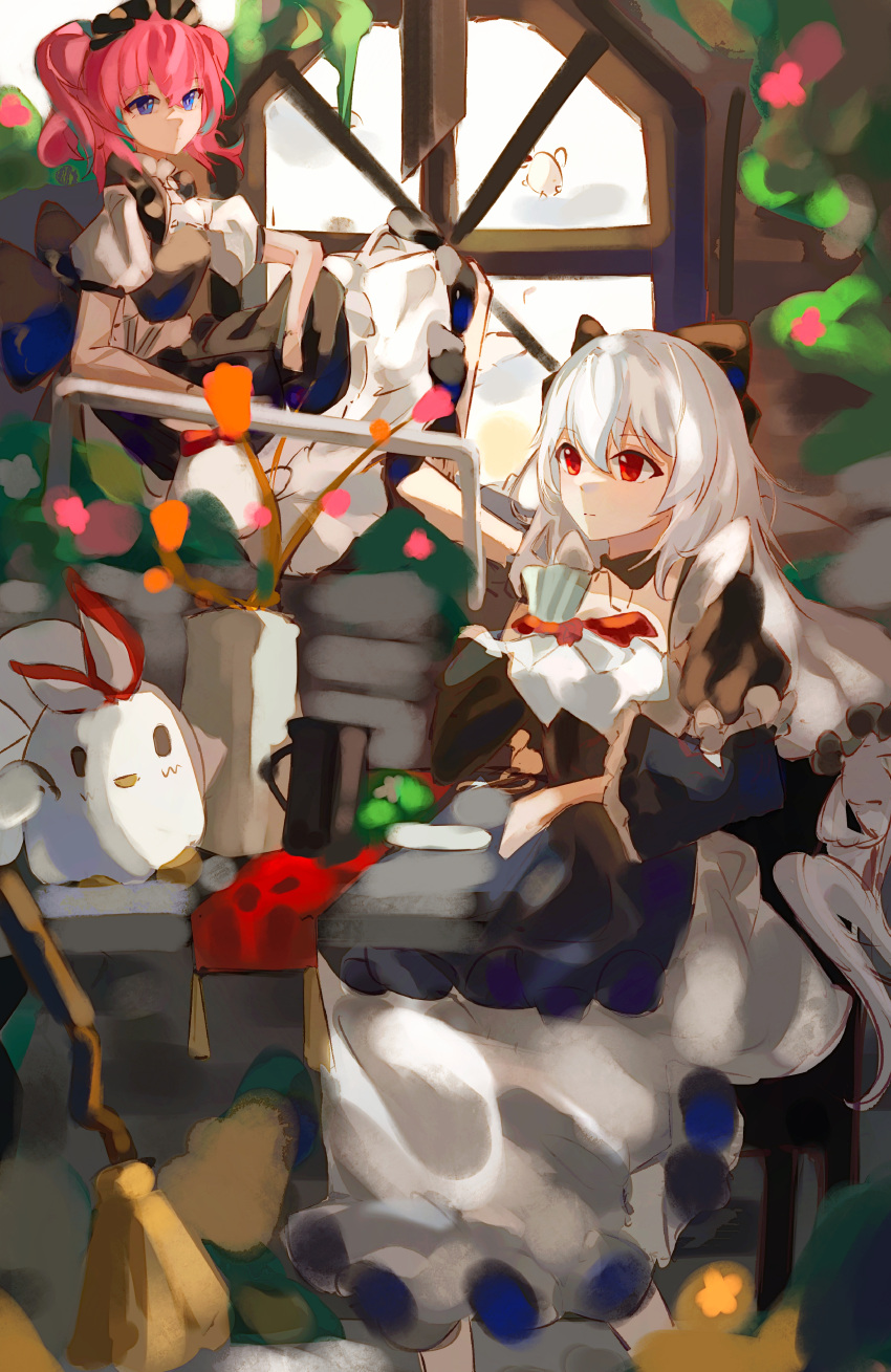 2girls, absurdres, apron, black_dress, blue_eyes, blue_hair, broom, commentary_request, delta_(honkai_impact), dress, highres, honkai_(series), honkai_impact_3rd, indoors, jingwei_(bird), lk_luke, long_hair, maid, maid_apron, multicolored_hair, multiple_girls, on_chair, plant, potted_plant, red_eyes, rozaliya_olenyeva, short_hair, sitting, theresa_apocalypse, theresa_apocalypse_(luna_kindred), theresa_apocalypse_(lunar_vow:_crimson_love), twintails, two-tone_hair, very_long_hair, white_apron