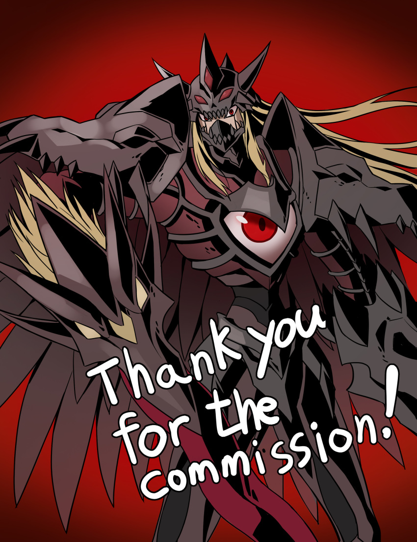 10_09hwan, 1boy, absurdres, arm_blade, armor, black_armor, blonde_hair, commission, cowboy_shot, digimon, digimon_(creature), duskmon, extra_eyes, fusion, highres, long_hair, male_focus, red_background, red_eyes, simple_background, skeb_commission, solo, thank_you, velgrmon, weapon